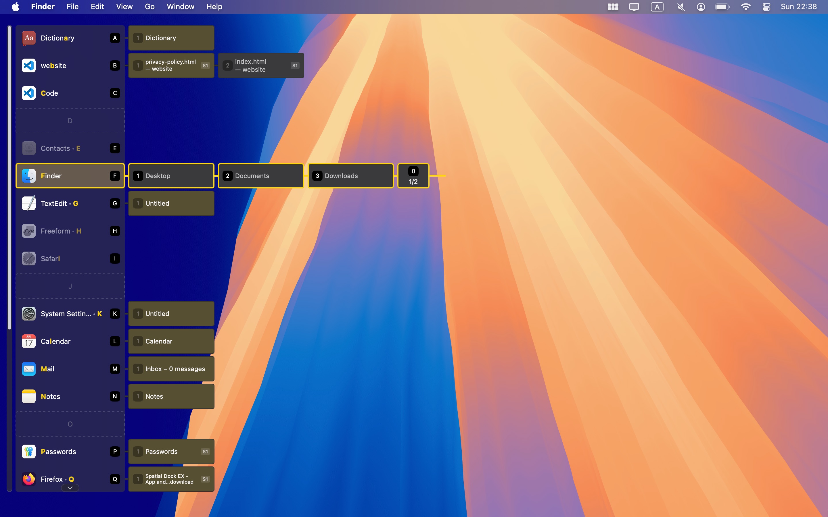 The Board layout: a column of apps along the left edge of the screen, each with its key, and each app's open windows in fixed columns beside it