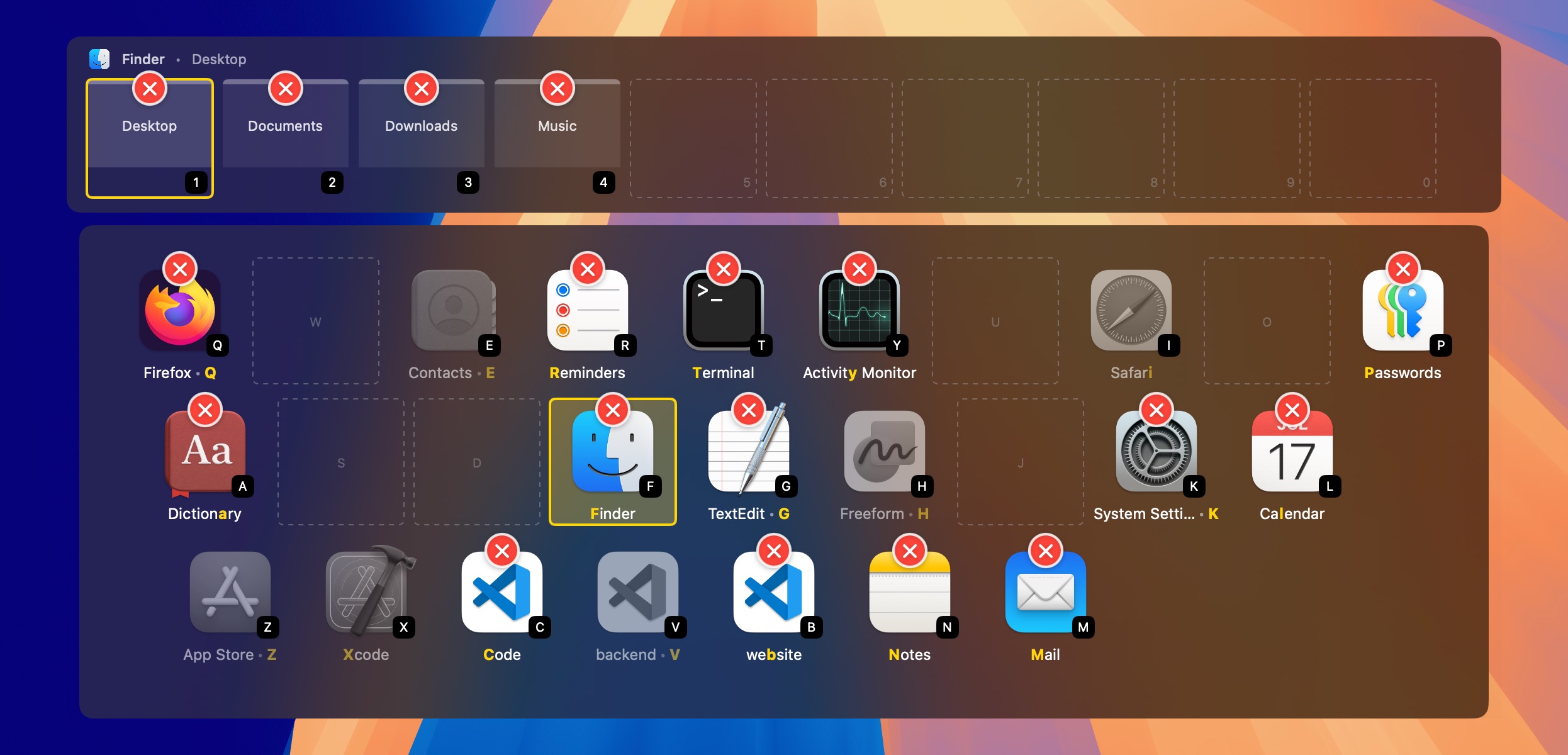 The overlay in close mode, with a red close button on every running app and on each Finder window