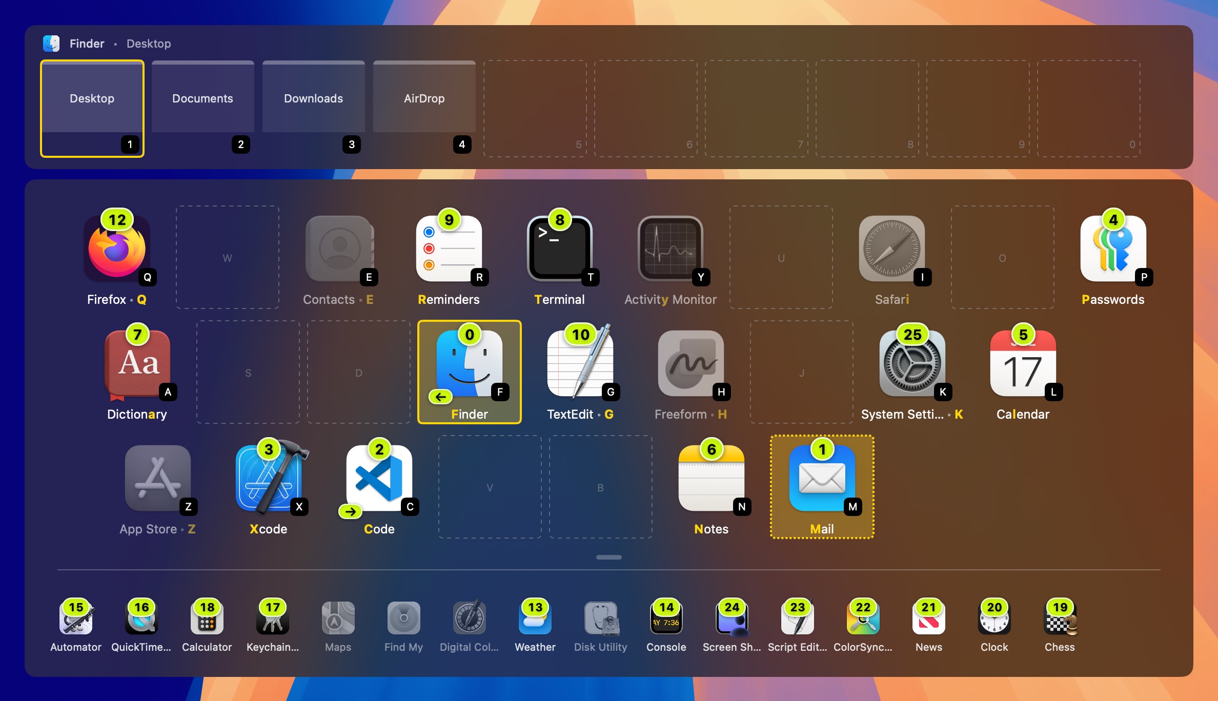 The overlay opened with Command+Tab: every app keeps its letter key, numbers show the order of recent apps, and the selection sits on Mail, the next app