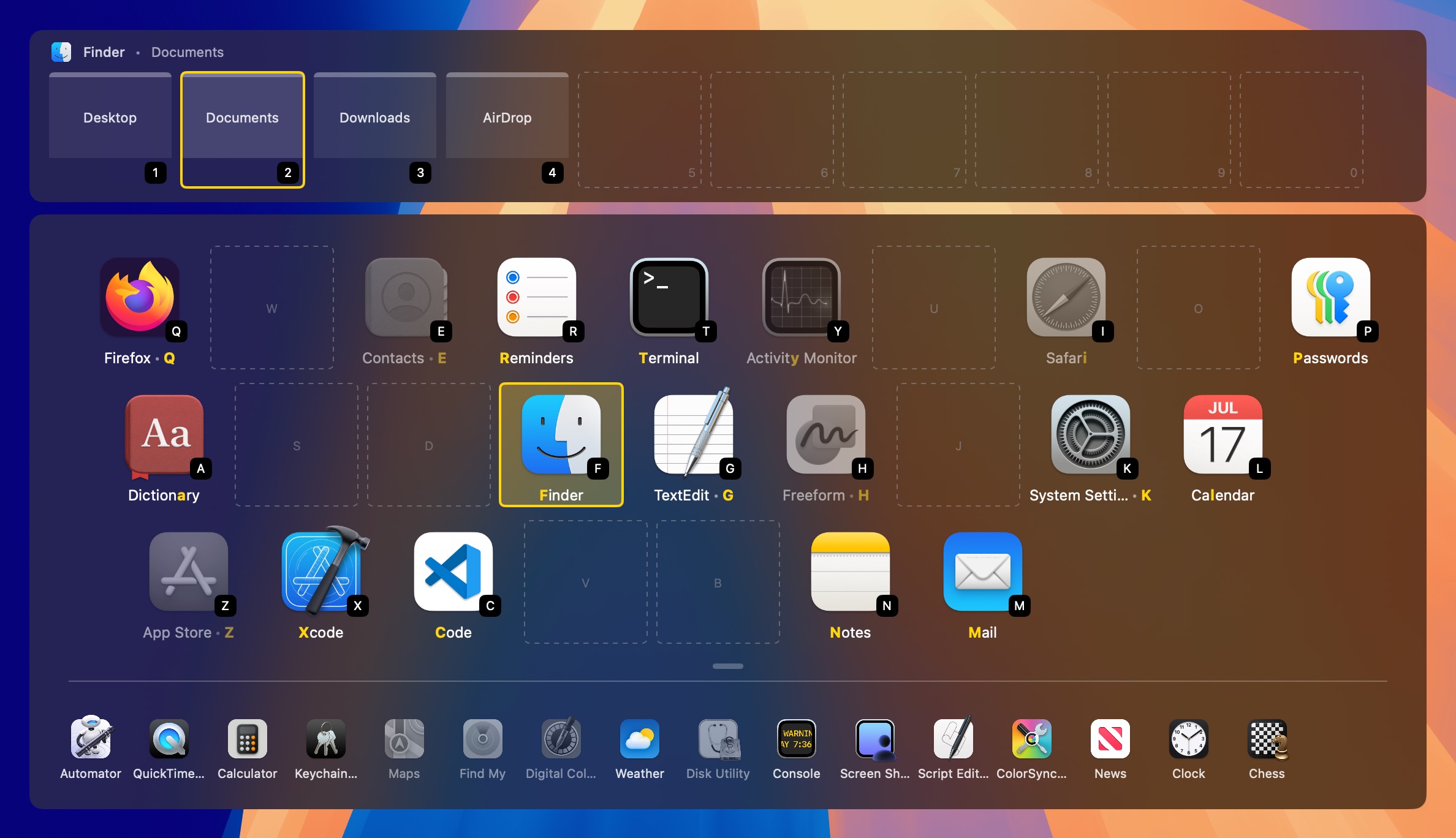 The overlay with Finder's open windows on number keys at the top, the primary dock of apps on their letter keys below, and the secondary dock of other apps under the divider