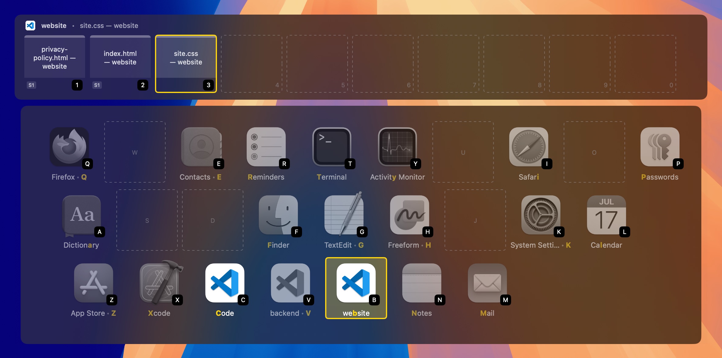 Visual Studio Code split into three dock entries, Code on C, backend on V and website on B, with the website project's open files on number keys above