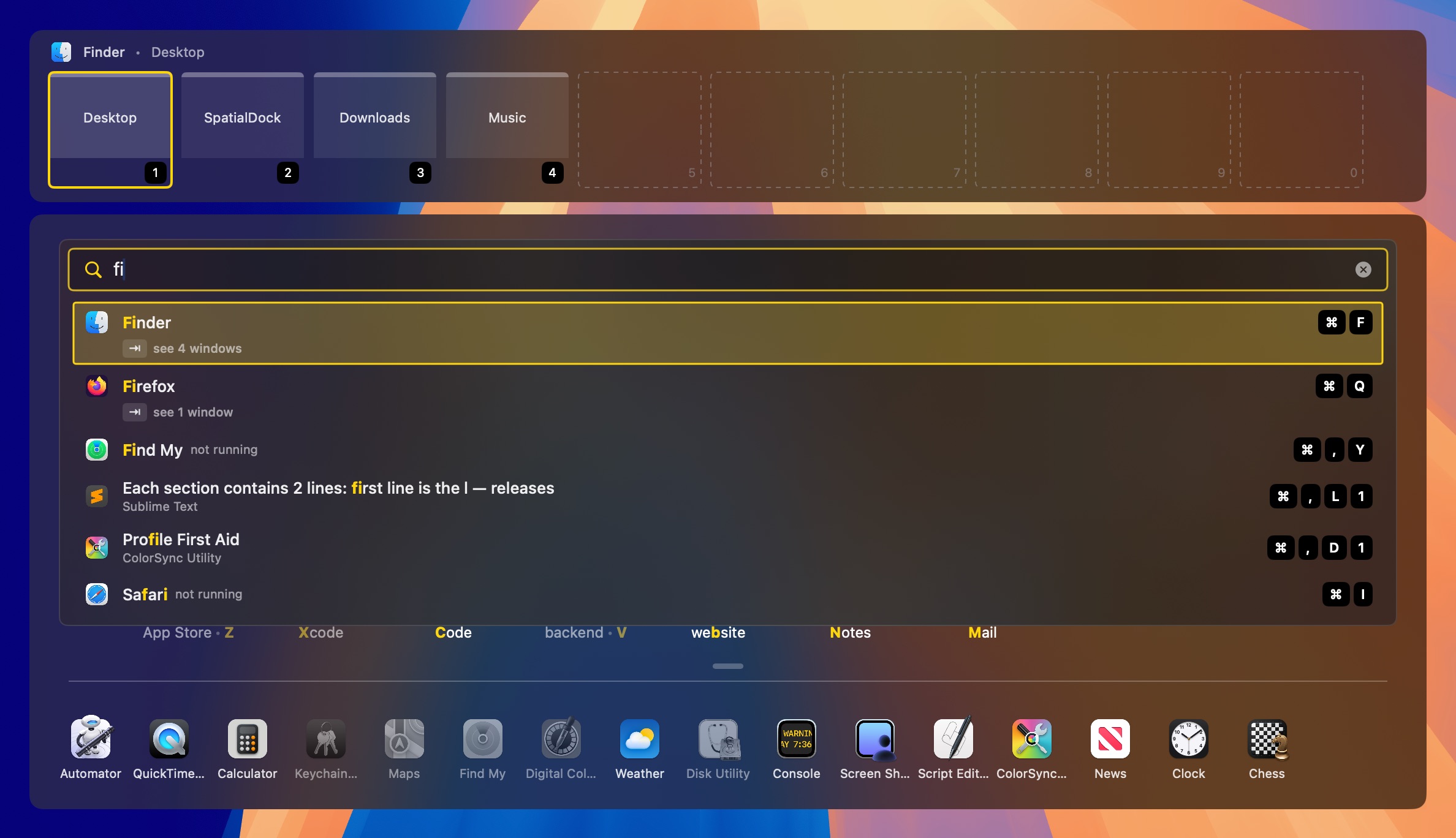 Search in the overlay with the query fi: Finder, Firefox and Find My, two windows whose titles match, and Safari, each with its keyboard shortcut on the right