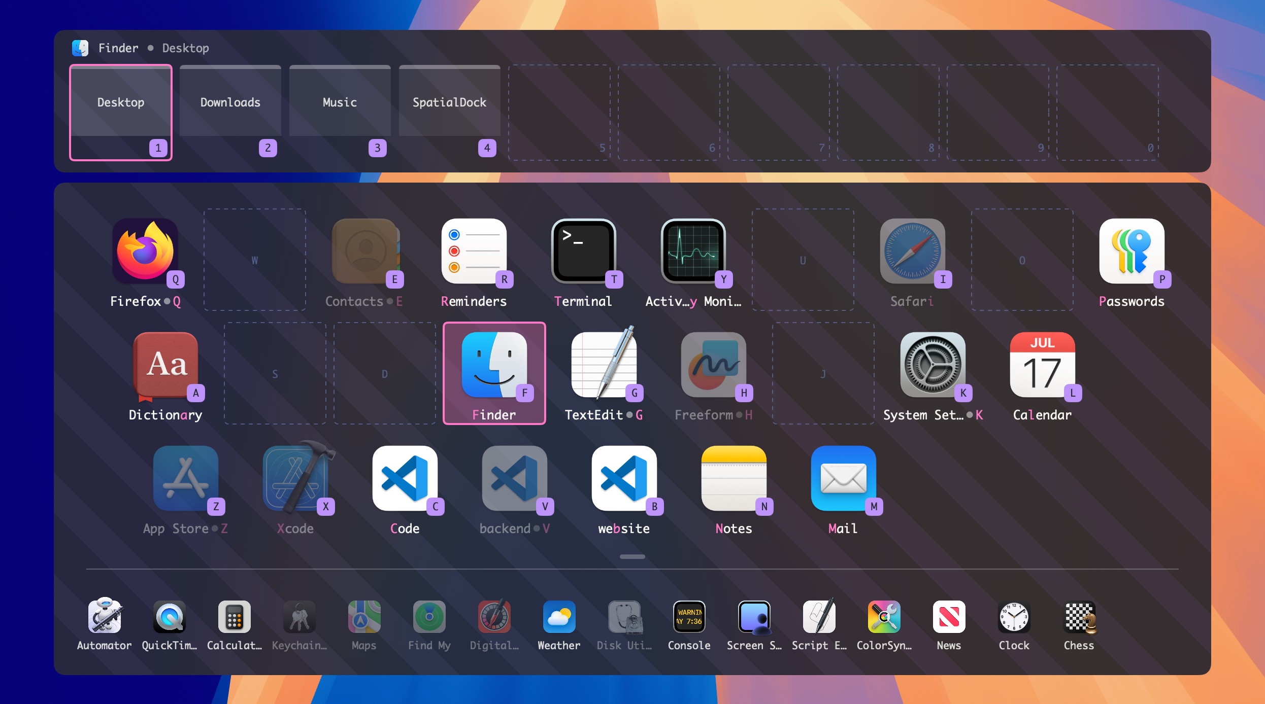 The overlay in a purple palette with a diagonal stripe pattern and a monospaced font