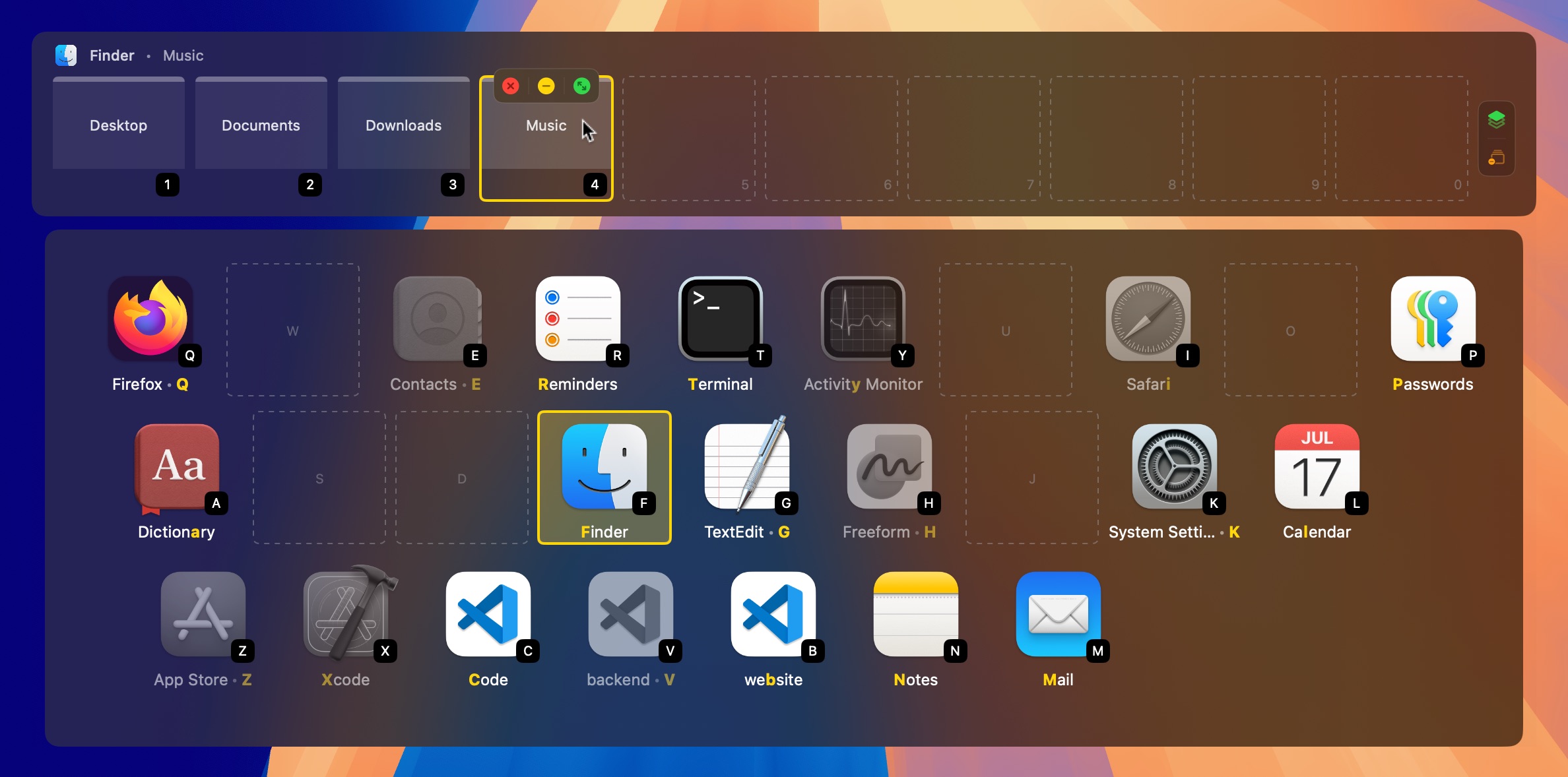 Finder selected in the overlay, its four windows on number keys 1 to 4 above the dock; the pointer over the Music window shows its close, minimize and full-screen buttons