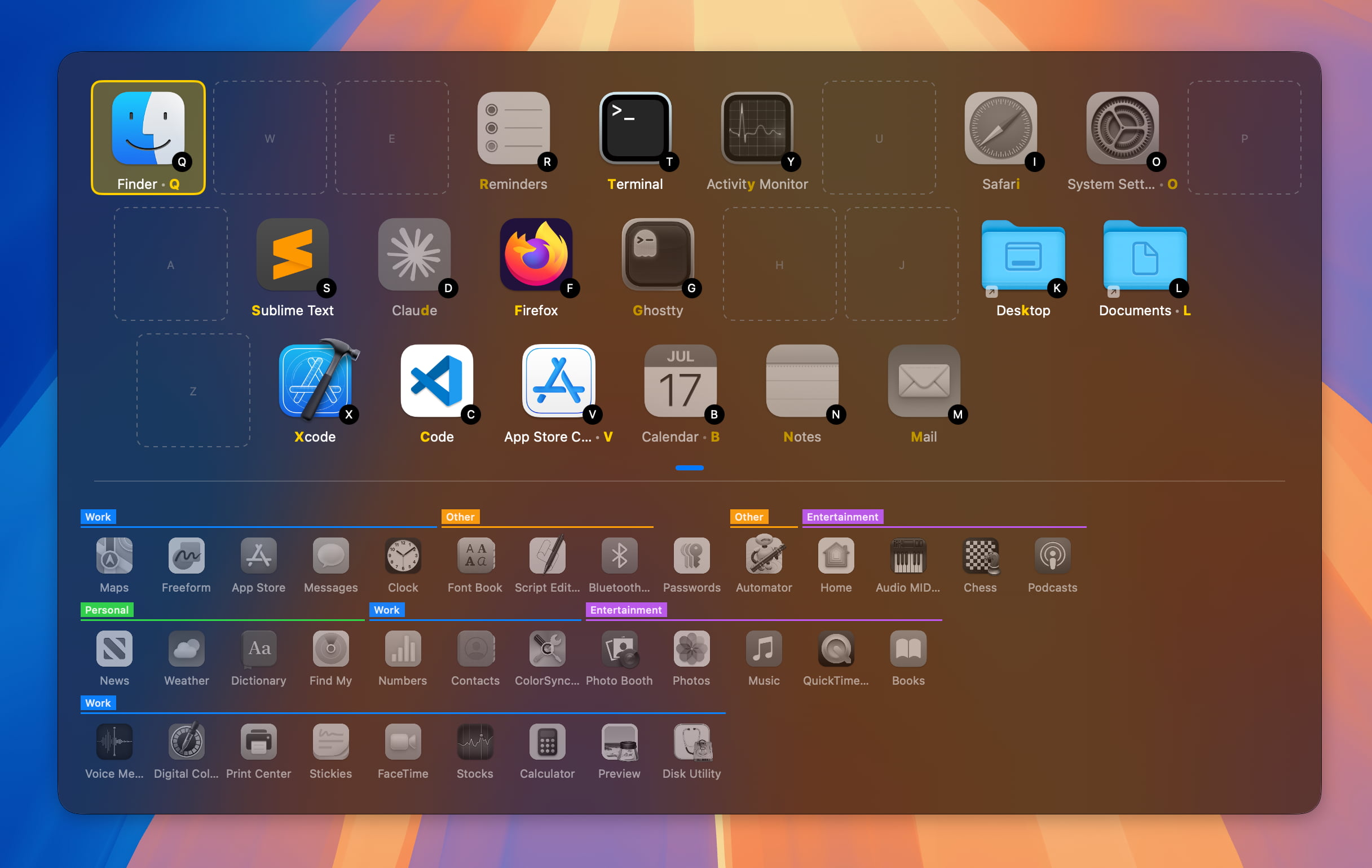 The overlay with Desktop and Documents folders on their own keys in the primary dock, and the secondary dock grouped into labelled categories