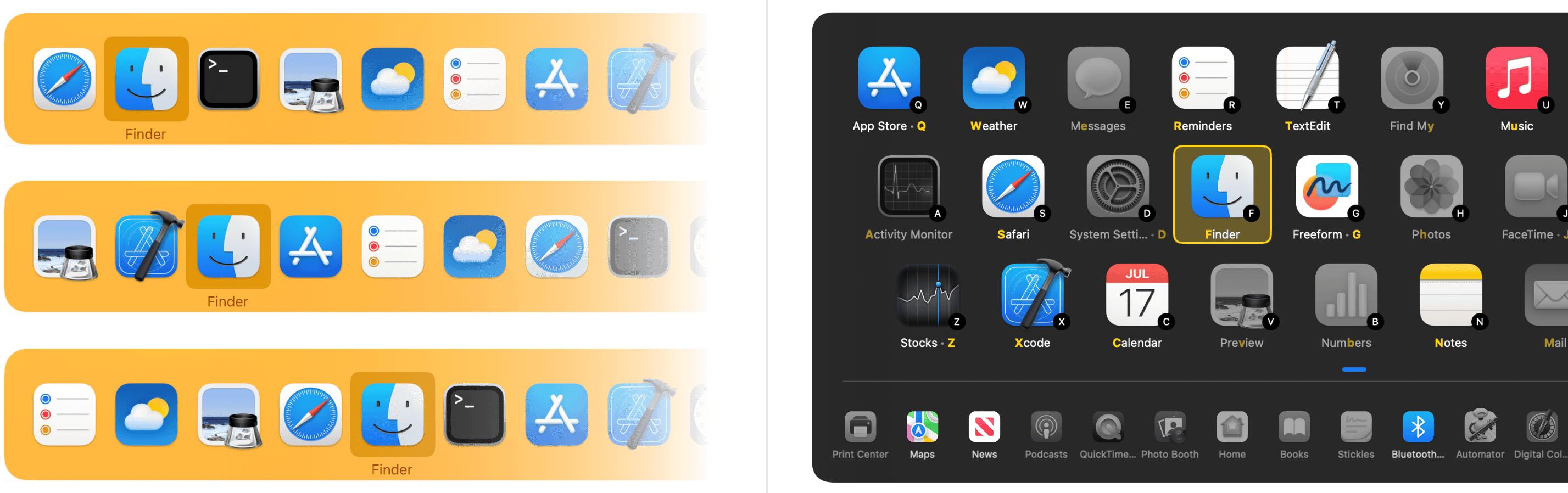 Three Command+Tab sessions with Finder in a different position each time, beside three Spatial Dock sessions with Finder always in the same position