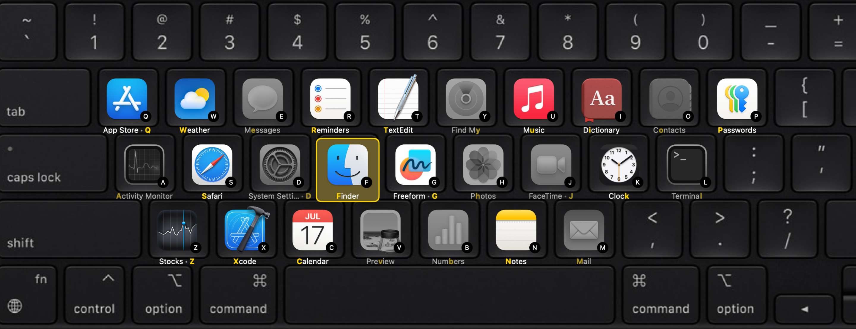 Keyboard-aligned layout showing letter shortcuts for primary apps